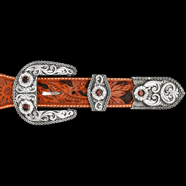 The Calgary Custom Three Piece Buckle Set is the picture of traditional Western style.  Features immaculate silver scrollwork with a unique berry edge and customizable stones. Pair it with a discount belt and keychain!